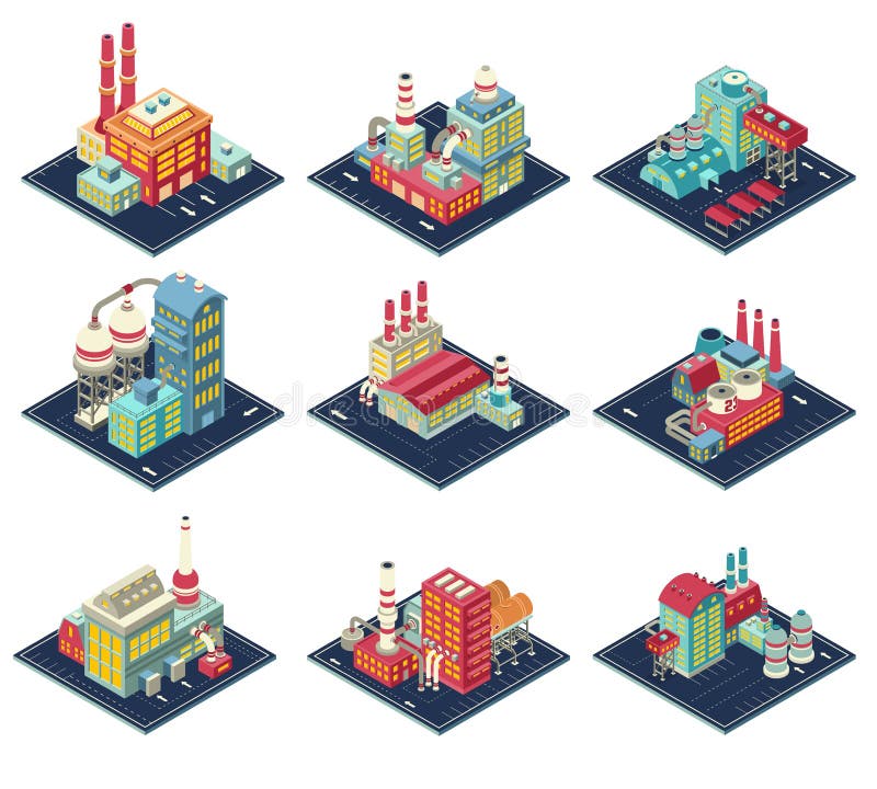 Factories Isometric Compositions Set royalty free illustration Factories Isometric Compositions Set royalty free illustration