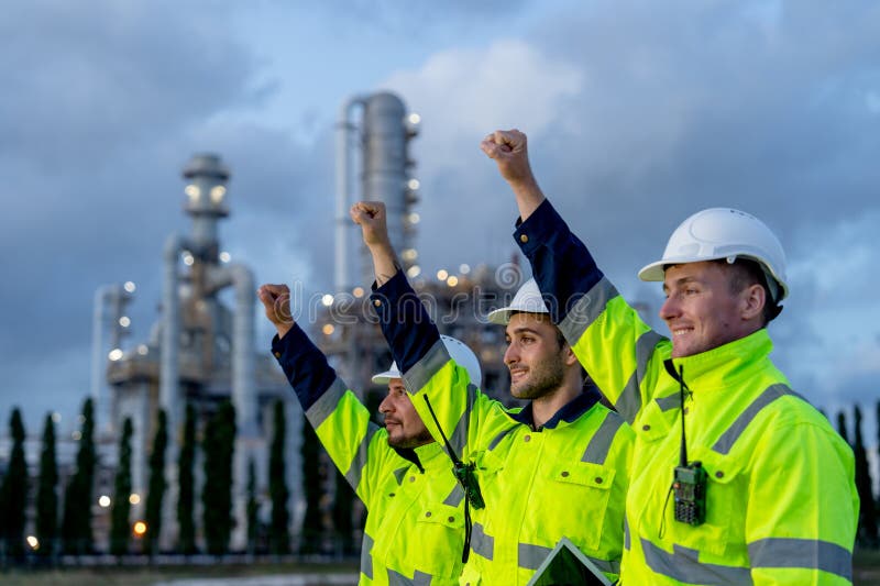 Factory engineer or technician workers stand in the row and look to left side with raise right hands up and stand in front of royalty free stock photos