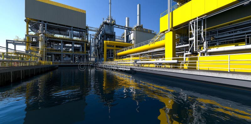 A factory featuring numerous large pipes and an intricate system of raised walkways and platforms stock photography