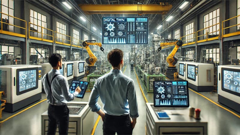 Engineers Monitoring Automated Factory Machinery with Digital Twin Technology. On a factory floor, engineers are seen from the back as they monitor automated machinery using digital twin technology. They adjust settings on their devices displaying digital twin data. The modern, high-tech environment is well-lit with natural light, highlighting key details. This image showcases the integration of advanced technology in manufacturing, emphasizing precision and efficiency. AI generated.