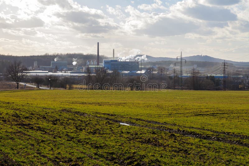 Factory, Green Field and Cloudy Sky Stock Photo Image of economy