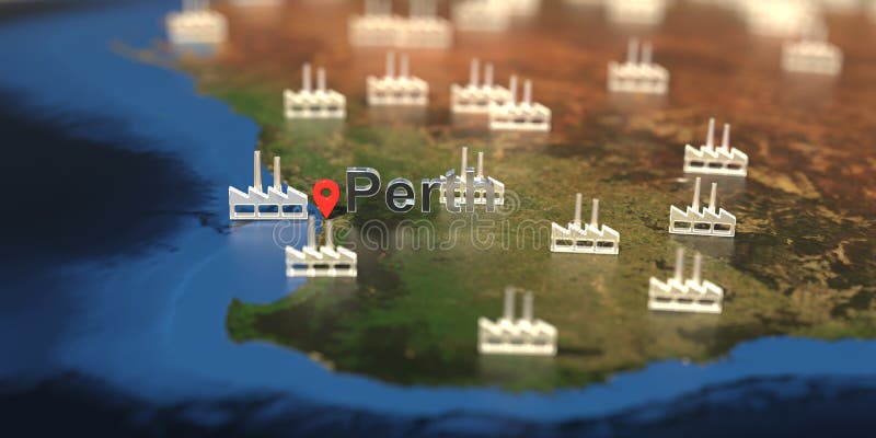 Factory Icons Near Perth City Map Industrial Production Related D Rendering Factory Icons City Map D 206247784 