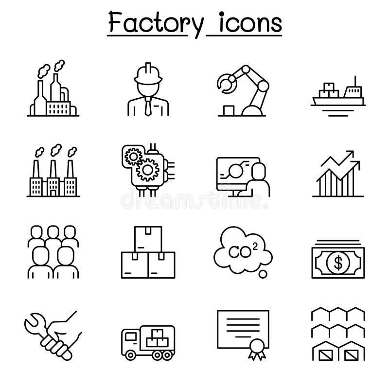 Factory, Industrial Building, Manufacturing icon set in thin line style