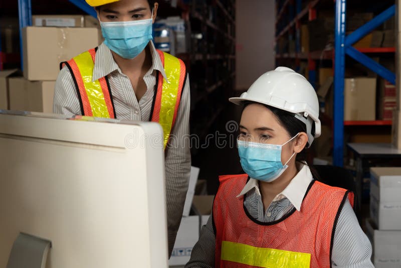Factory Industry Worker Working With Face Mask To Prevent Covid 19