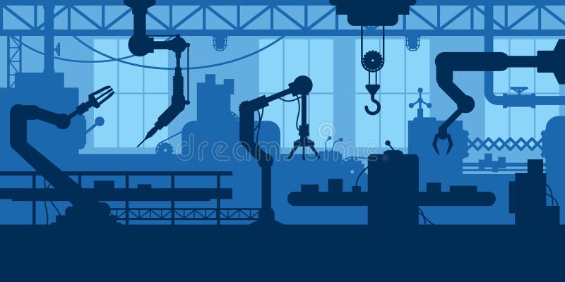 Factory interior silhouette. Car manufacturing process, industrial machine workshop with robotic arm conveyor assembly vector illustration