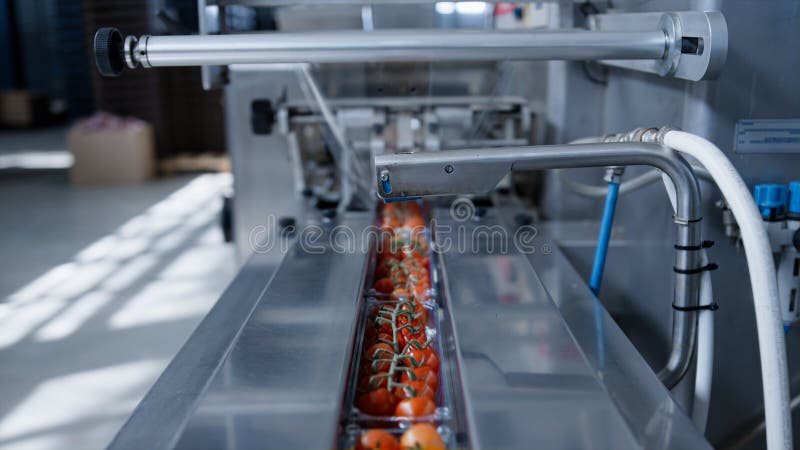 Factory machine moving tomatoes at technological automated manufacture closeup