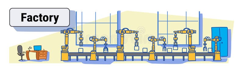 Factory production conveyor automatic assembly line machinery industrial automation industry concept colorful sketch vector illustration