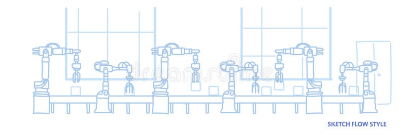 Factory production conveyor automatic assembly line machinery industrial automation industry concept sketch flow style royalty free illustration