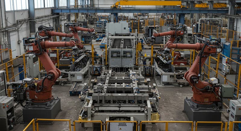 Automated Assembly Line with Robotic Arms in Factory vector illustration