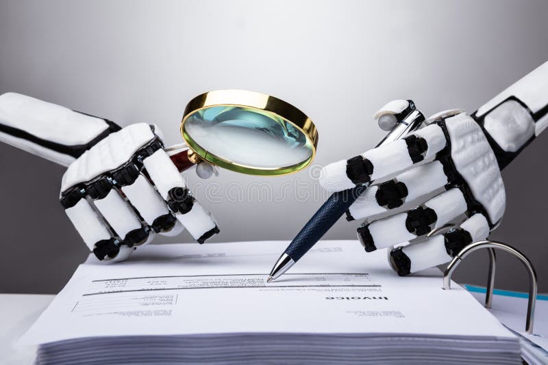 Photo Of Robot Examining Invoice With Magnifying Glass. Photo Of Robot Examining Invoice With Magnifying Glass