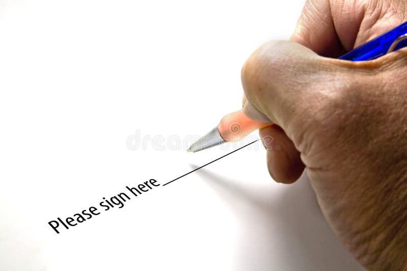 Pen in hand ready to sign a signature regarding a debt. Pen in hand ready to sign a signature regarding a debt