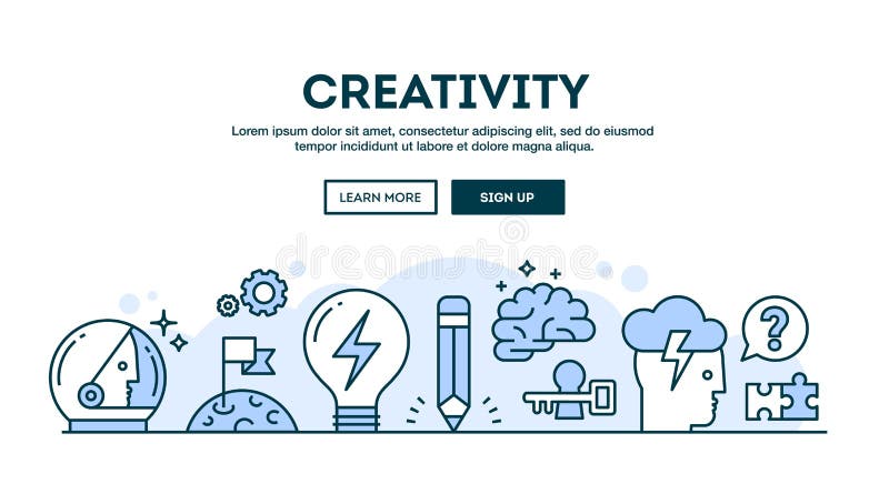 Faculdade criadora, encabeçamento do conceito, linha fina estilo do projeto liso ilustração royalty free Faculdade criadora, encabeçamento do conceito, linha fina estilo do projeto liso ilustração royalty free