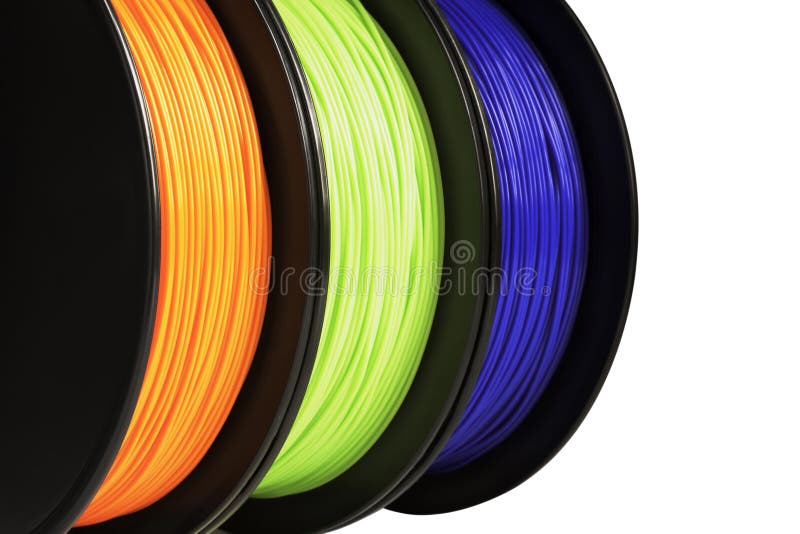 Faden für Drucken 3d Helles termoplastic von orange, grünen und blauen Neonfarben Getrennt auf weißem Hintergrund