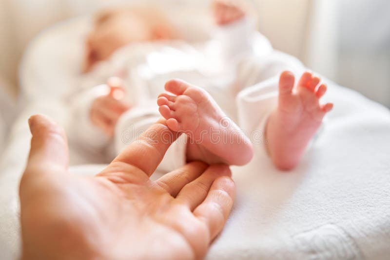 Fadern som håller i händerna fötter till det nyfödda barnet Barn fötter i föräldrarnas hand Foderhudvårdsslutning Glad familj royaltyfri bild