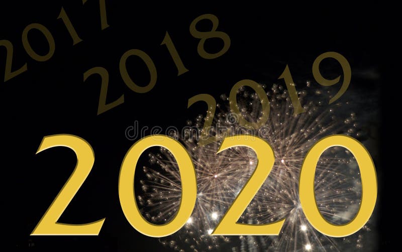 2019 changing over to 2020 graphic in front of fireworks - a new decade begins. 2019 changing over to 2020 graphic in front of fireworks - a new decade begins