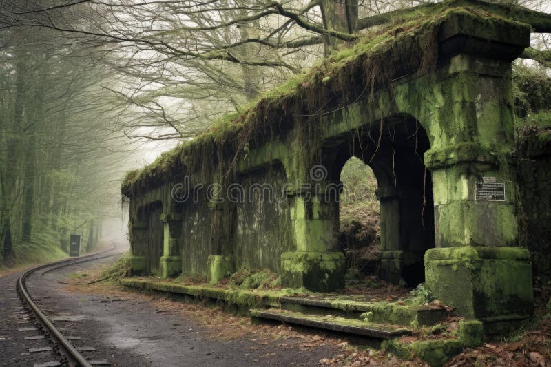 Fading railway station sign, covered in moss royalty free illustration