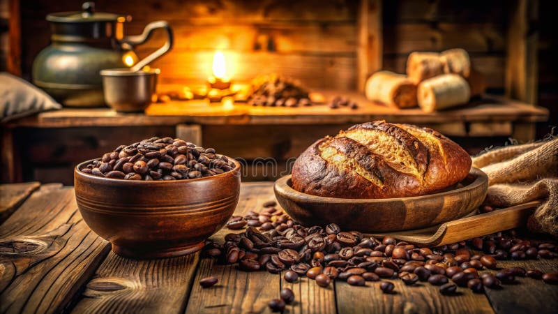 Fagioli aromatici di caffè e pane fresco scoprono il fascino accogliente di un caffè rustico di vintage royalty illustrazione gratis