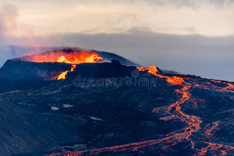 Fagradalsfjall volcano in activity in 2021 about 40 kilometers from Reykjavík south of the homonymous mountain Fagradalsfjall, included around the large geothermal area of Krýsuvík with lava and lapilli in Iceland. Fagradalsfjall volcano in activity in 2021 about 40 kilometers from Reykjavík south of the homonymous mountain Fagradalsfjall, included around the large geothermal area of Krýsuvík with lava and lapilli in Iceland