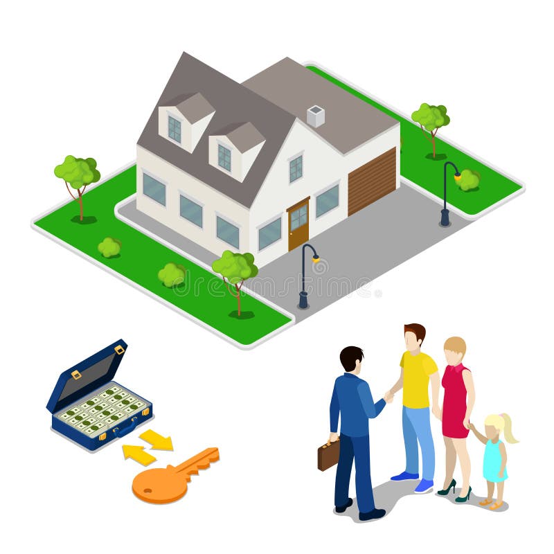 Fahne mit Hausikone Vermittler-Vertreter Selling House zur jungen Familie Isometrische Leute lizenzfreie abbildung Fahne mit Hausikone Vermittler-Vertreter Selling House zur jungen Familie Isometrische Leute lizenzfreie abbildung