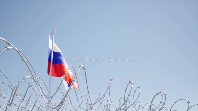 Fahne russisch winken auf blauen himmel stacheldraht konzept freiheit zensor
