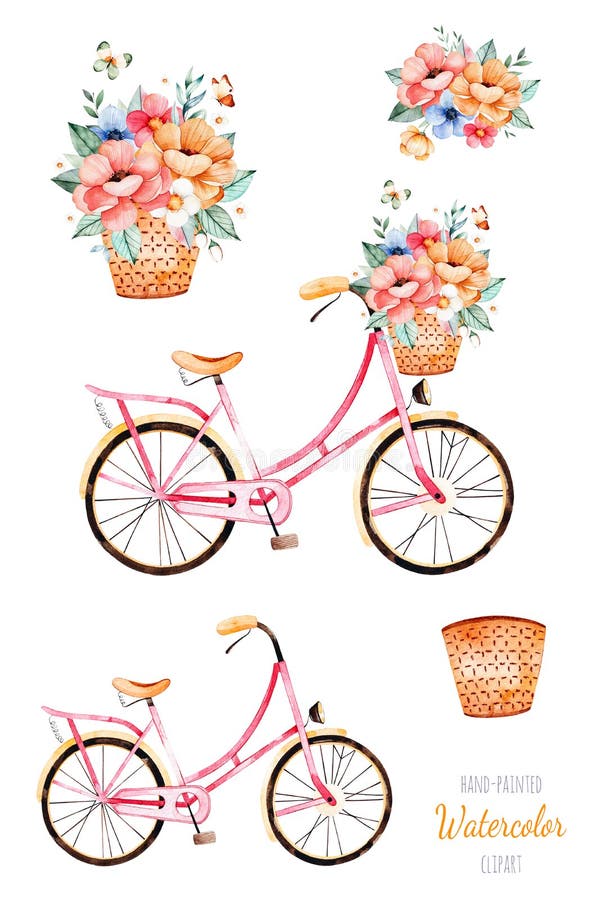 Fahrrad mit Blumen im Korb, Blumenstrauß lizenzfreie abbildung Fahrrad mit Blumen im Korb, Blumenstrauß lizenzfreie abbildung