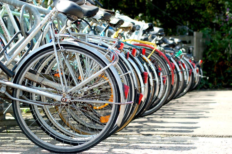 A row of many bicycles. A row of many bicycles