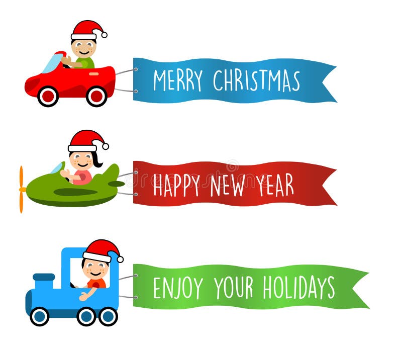 Fahrzeuge fliegt mit langen Fahnen für Weihnachten lizenzfreie abbildung Fahrzeuge fliegt mit langen Fahnen für Weihnachten lizenzfreie abbildung