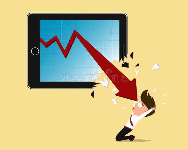 Faillissementsconcept, het rode de tabletscherm van de pijlneerstorting royalty-vrije illustratie Faillissementsconcept, het rode de tabletscherm van de pijlneerstorting royalty-vrije illustratie
