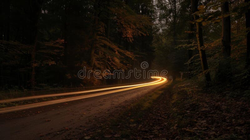 Faint sounds of nature are drowned out by the sounds of cars leaving behind a trail of light in the forest royalty free stock photography
