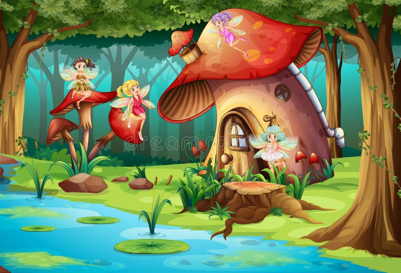 Fairies flying around mushroom house