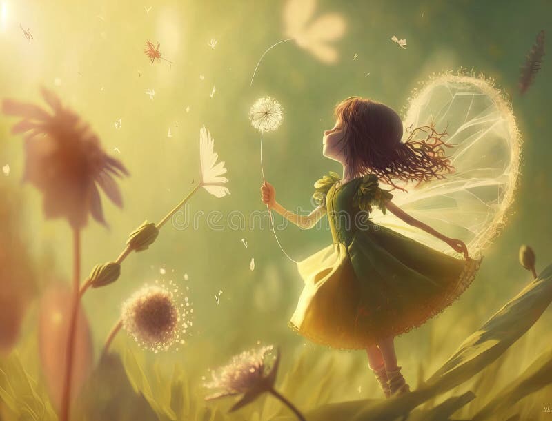 Fairy Dancing with Dandelion Seed Pod Stock Illustration - Illustration ...