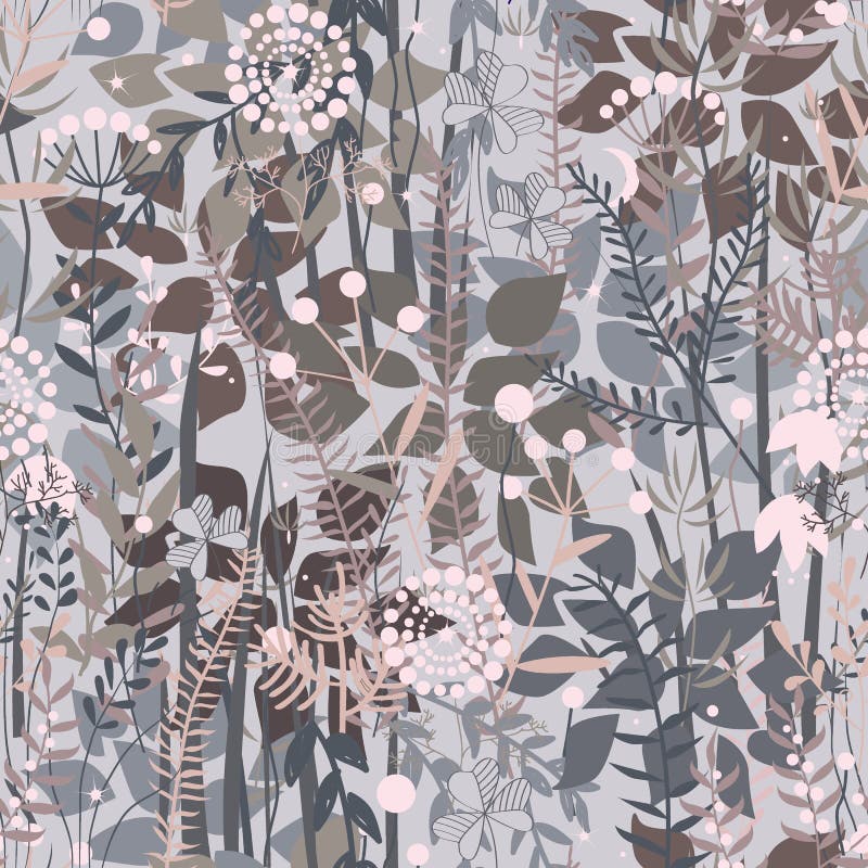 Fairy forest background. Floral seamless pattern with doodle plants, flowers, bushes, and grass. Pleasant pastel palette, grey, pink, and brown. Vector illustration. Fairy forest background. Floral seamless pattern with doodle plants, flowers, bushes, and grass. Pleasant pastel palette, grey, pink, and brown. Vector illustration