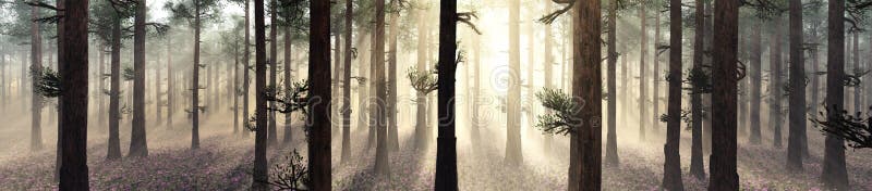Fairy forest in the fog, mysterious trees in the rays of light, mysterious old park in the haze, 3D rendering