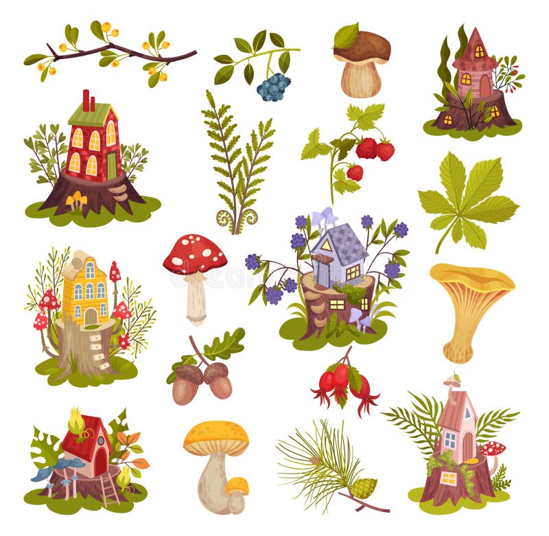 Fairy Forest House and Mushrooms as Fantastic Woodland Elements Big Vector Set