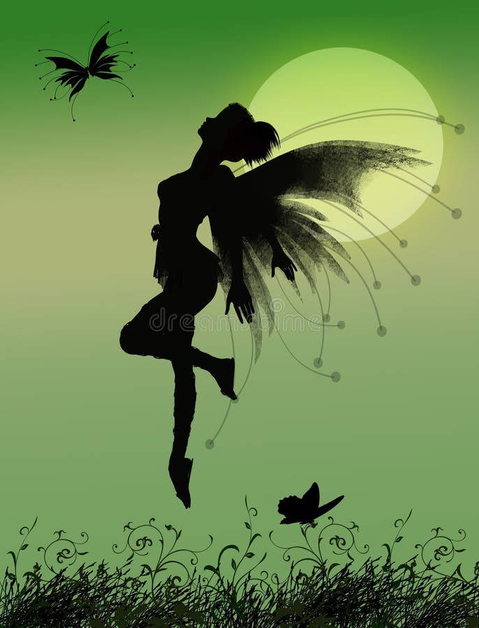 Sweet fairy flying to moon with butterfly. Grass night sky background illustrations