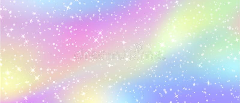 Fairy glitter background. Magic fantasy cartoon unicorn gradient pattern in pink, blue, yellow and purple tints with brilliant effect and rainbow mesh. Vector color holographic neon illustration