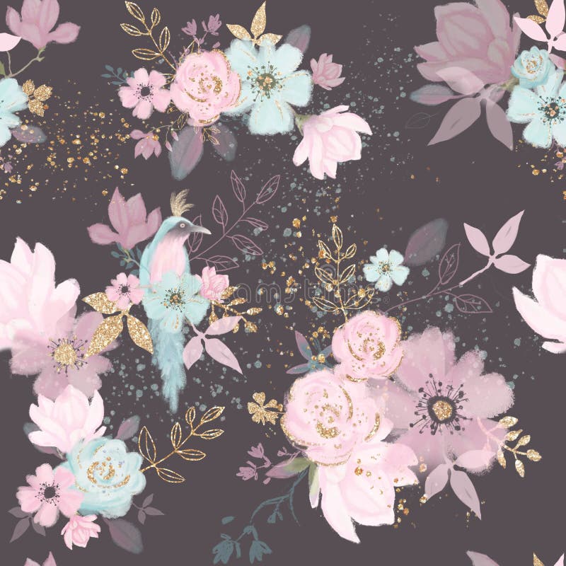 Fairy magical garden. Unique seamless pattern, pink, blue, gold flowers, leaves , birds and clouds. Kids and baby room wallpaper