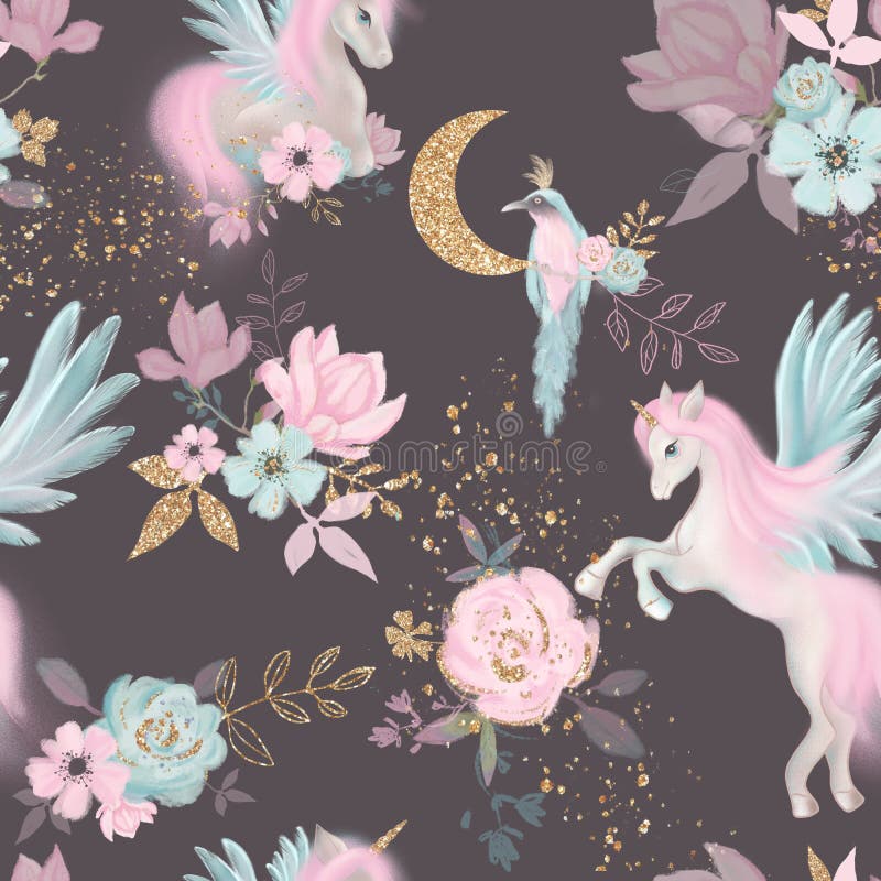 Fairy magical garden. Unicorn seamless pattern, pink, blue, gold flowers, leaves , birds and clouds. Kids and baby room wallpaper