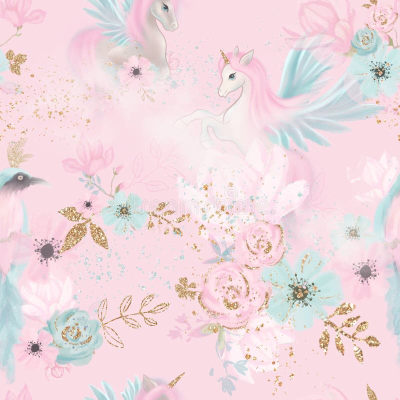 Fairy Magical Garden. Beautiful Flowers Seamless Pattern, Pink, Blue, Gold  Flowers, Leaves , Birds and Clouds. Kids Room Wallpaper Stock Illustration  - Illustration of fairy, fairytale: 214501959