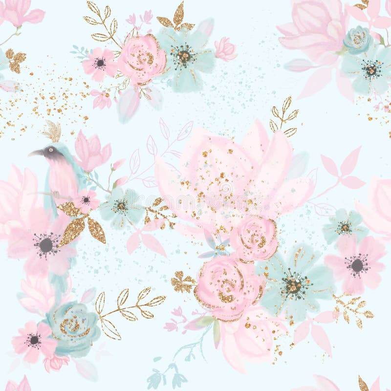 Fairy magical garden. Unique seamless pattern, pink, blue, gold flowers, leaves , birds and clouds. Kids and baby room wallpaper