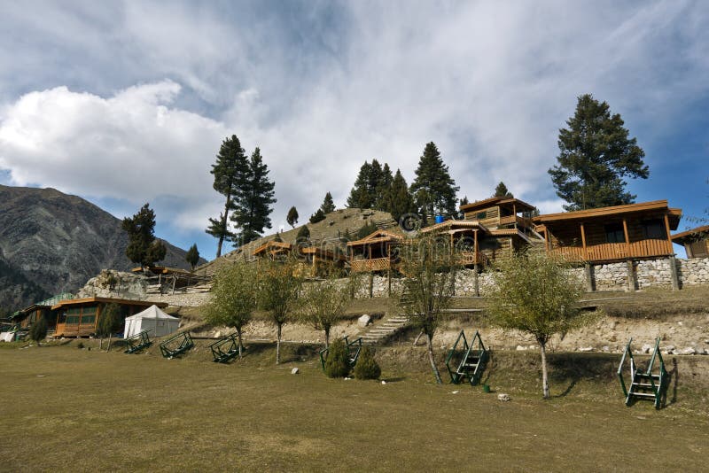 Fairy meadows huts in camping sites of northern areas of Gilgit Baltistan Pakistan royalty free stock photography