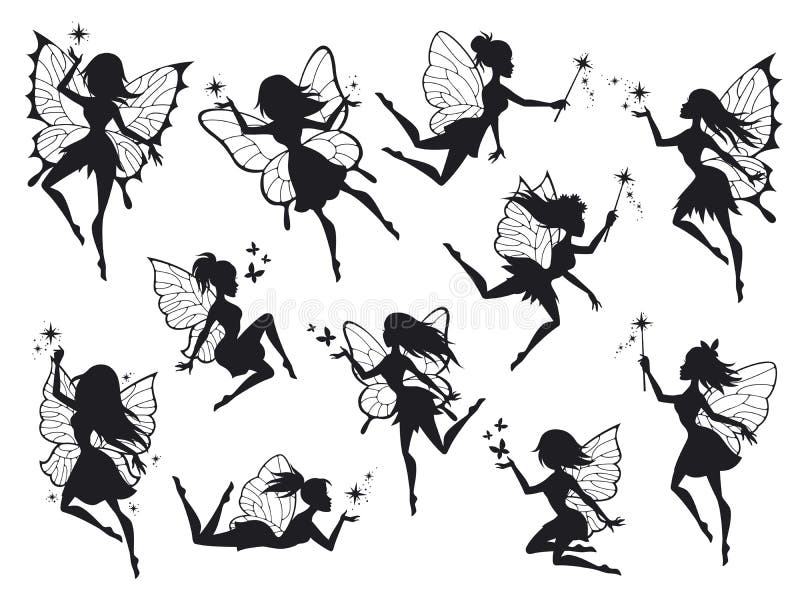 Fairy silhouettes. Magical fairies with wings, mythological winged flying fairytale characters print design outline