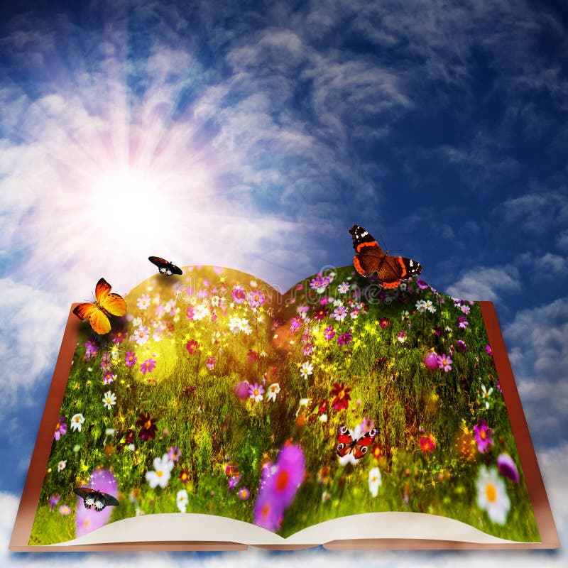 Fairy tale. Abstract fantasy backgrounds with magic book. Grass night sky background illustrations