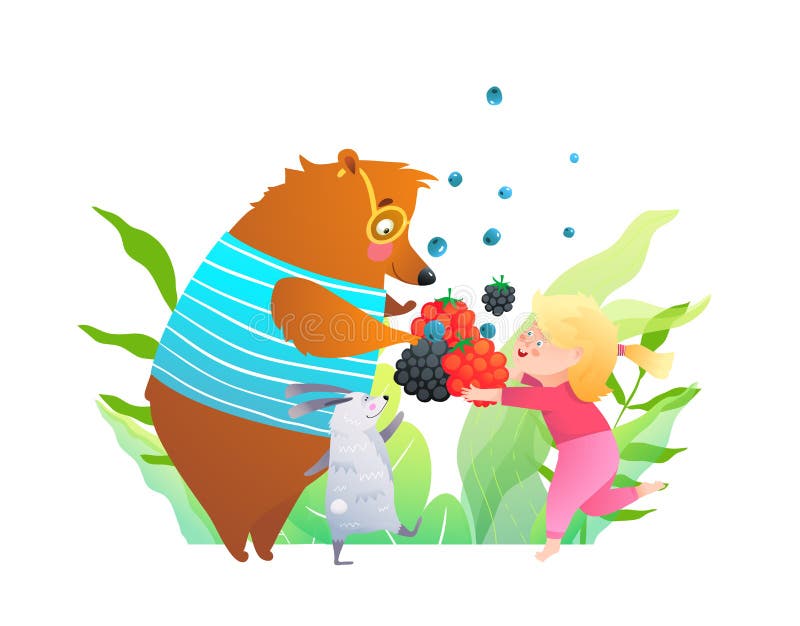 Wild animals and little girl friends holding berries, eating fruits in nature forest. Artistic hand drawn kids cartoon