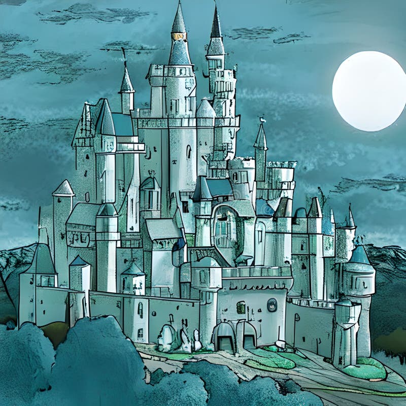 Fairy Tale Castle Crayon Painting in Blue, Ai Generated Art Stock Image …