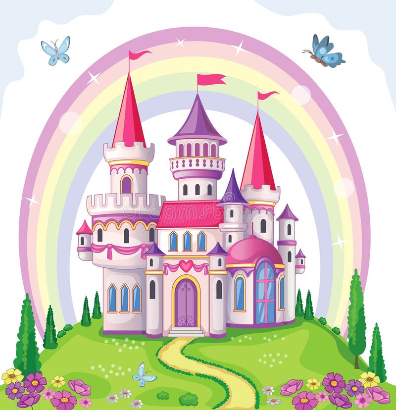 Fairy-tale castle for Princess, magic kingdom. Vintage Palace and beautiful flower meadow with rainbow. Wonderland. Vector.