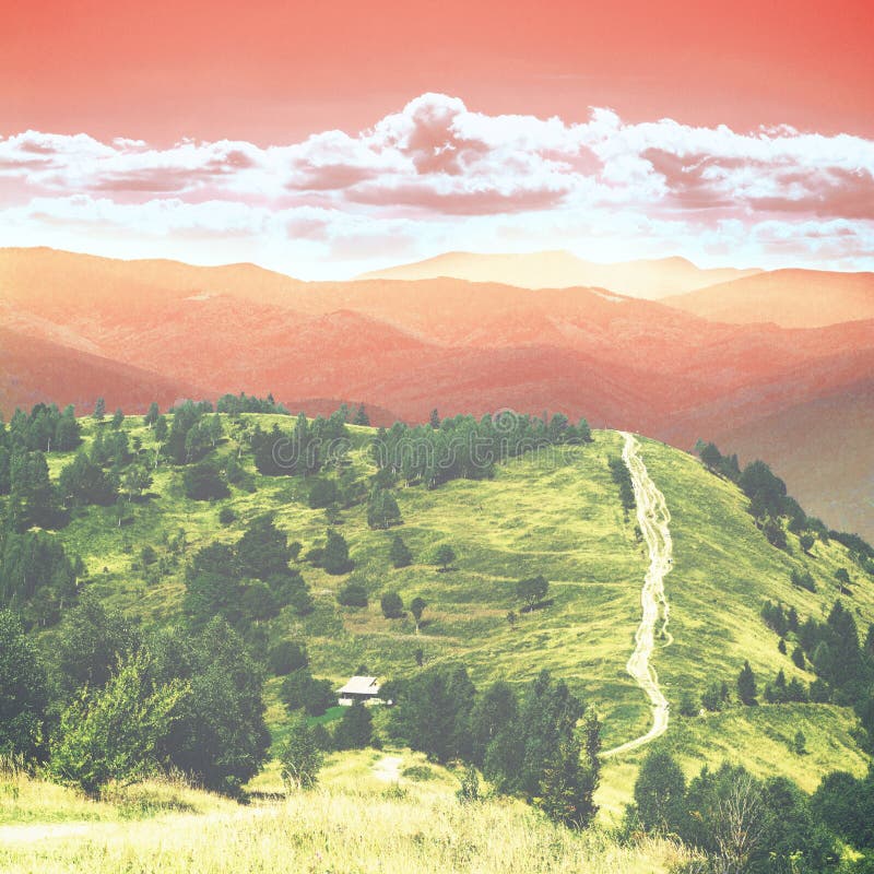 Fairy Tale Forest in Retro Style. Paper Vintage Textured. Mountain Landscape, royalty free stock photo Fairy Tale Forest in Retro Style. Paper Vintage Textured. Mountain Landscape, royalty free stock photo