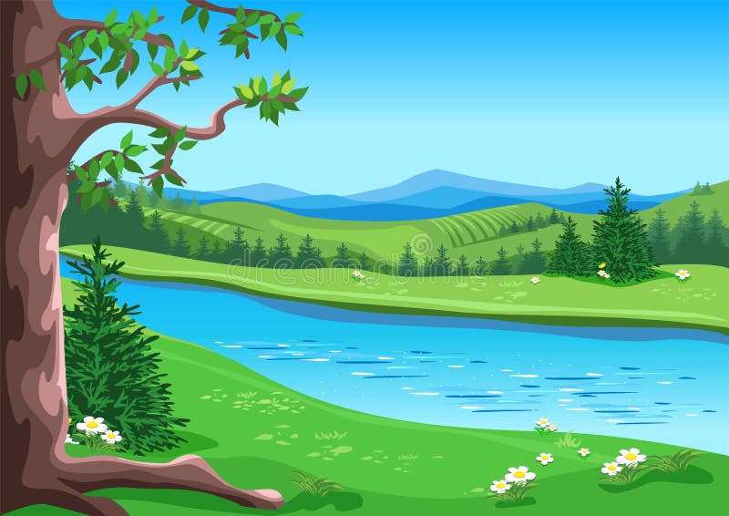 Fairytale forest with trees, flowering meadow, river and blue sky vector illustration