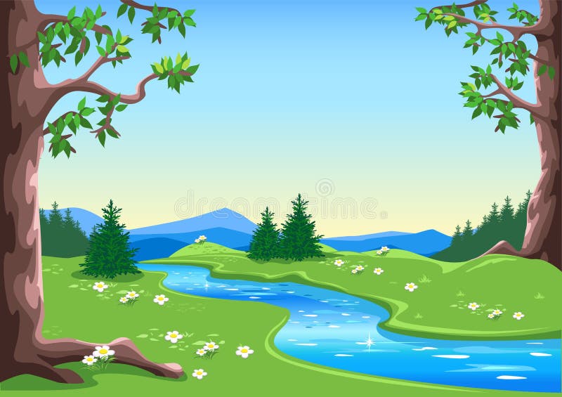 Fairytale forest with trees, flowering meadow, river and blue sky stock illustration
