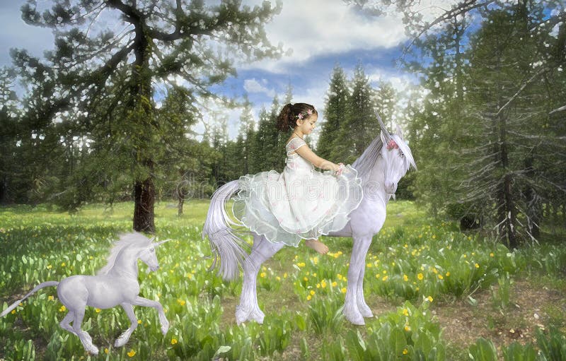Fantasy image little girl riding unicorn in flower filled meadow baby unicorn paint storybook effect. Fantasy image little girl riding unicorn in flower filled meadow baby unicorn paint storybook effect